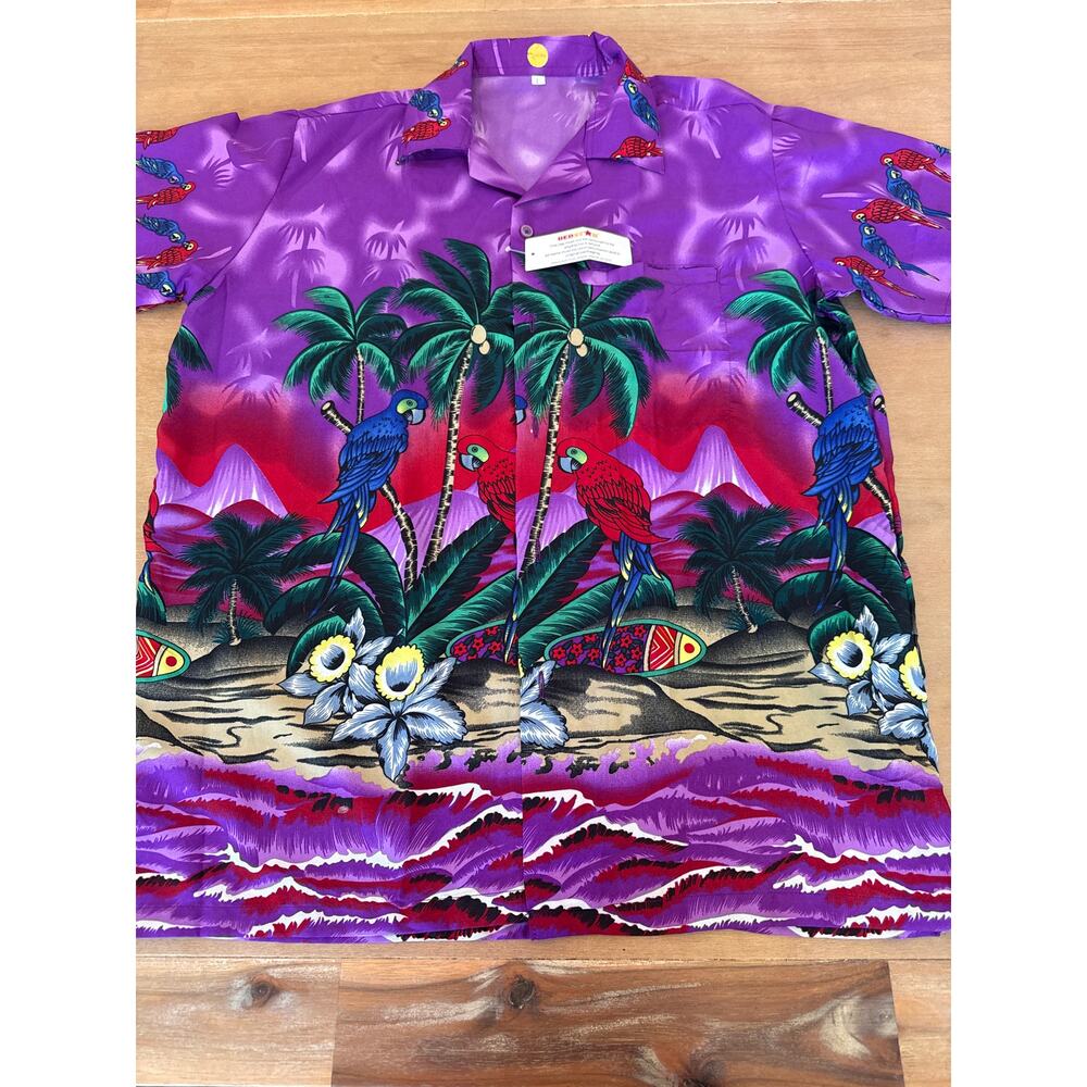 RedStar Men’s Hawaiian Shirt parrots and surfboards Large